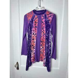 LOGO Lavish Women's Purple Velvet Long Sleeve Hippie Printed Tunic Top Size XXS